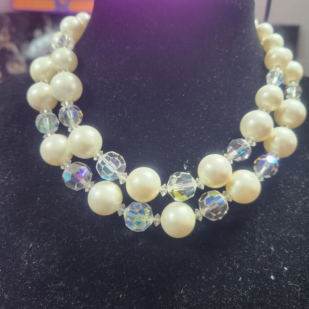 Vintage Double Strand Faux  AB Crystal Necklace Iridescent J-Hook Clasp‎